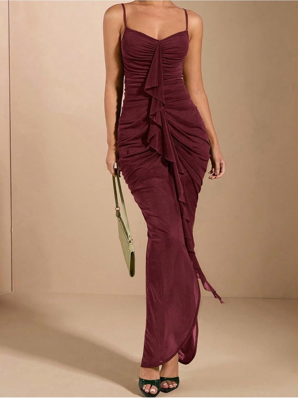 Ruched Burgundy Maxi Dress with Cascading Ruffle